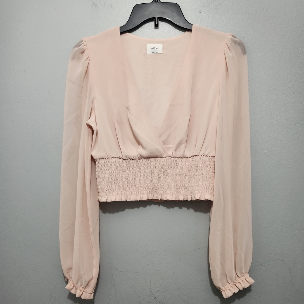 Aritzia Wilfred Wistful Coral Blush  Smocked Bodice Blouse Size S Ruffled Edges